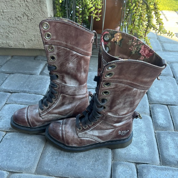 Dr. Martens Triumph Waxed Brown Floral Combat Boots - Picture 2 of 9